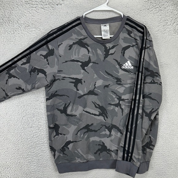 Adidas Sweatshirt Crew Neck Mens Large Black Gray 3 Stripes Camo Long Sleeve